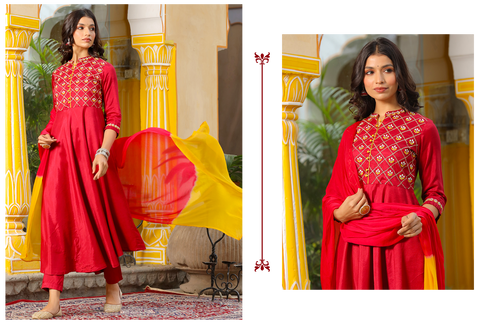 red embroidered suit set