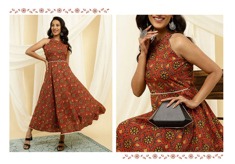 Rust Printed Dress | Valentine outfits for ladies