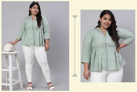 Green Plus Size Woven Printed Pleated Top