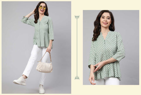 Green Woven Printed Pleated Top