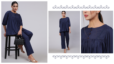 Navy Blue Solid Viscos Gathered Top With Navy Blue Solid Palazzo