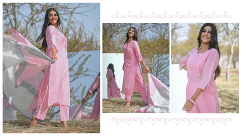 Pink & Grey Dobby Weave Straight Kurta With Palazzos & Dupatta