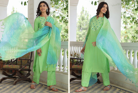 Lime Green Embroidered Rayon Kurta With Palazzo And Kota Tissue Dupatta