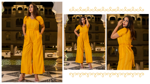 Yellow Solid Cotton Casual Jumpsuit With Two Side Pockets