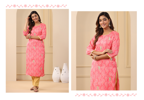 Embroidered Art Silk Peach Printed Straight Kurta With Cream Pants