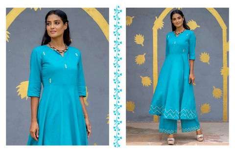 Turquoise Solid Embroidered Cotton Flared Kurta With Palazzo