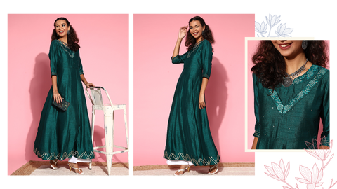 Bottle Green Silk Embroidered Long Anarkali Kurta