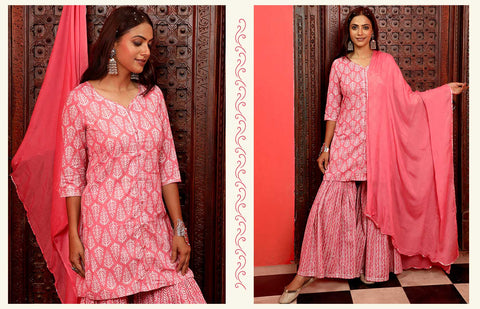 V-Neck Kurta With Sharara And Dupatta