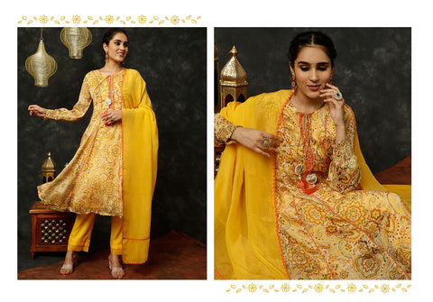 Yellow Floral Printed Mirror Work Anarkali Kurta Set With Dupatta