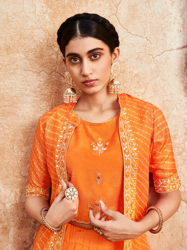 Women Orange Gota Patti Embroidered Crop Top And Skirt With Bandhej Kota Silk Embroidered Shrug.