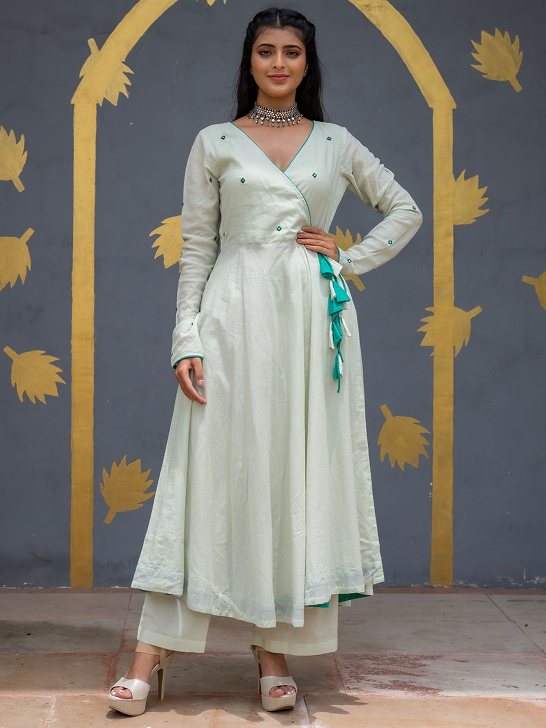 Light Green Angrakha Style Cotton Flared Kurta With Palazzos - Jaipur Kurti product image