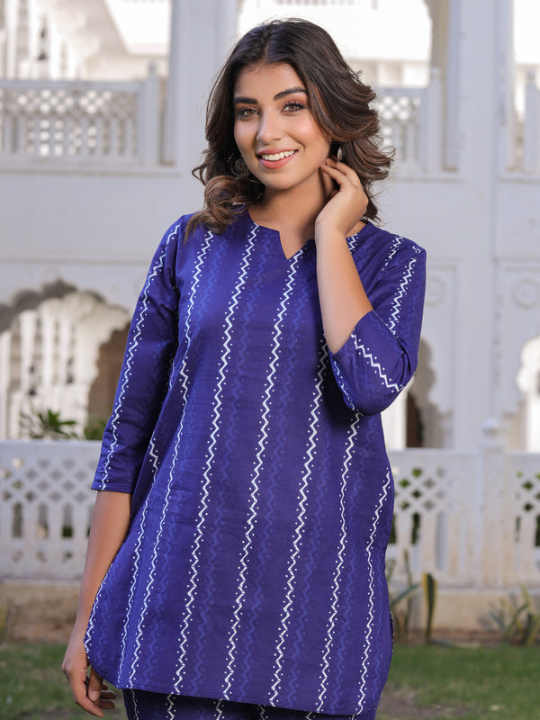 Jaipur Kurti Women Blue Zick Zack Print Straight Cotton Lounge Wear