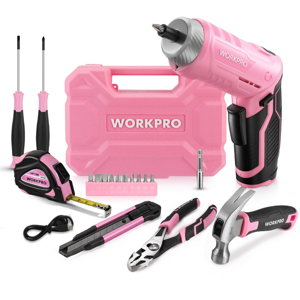 WORKPRO 20V Pink Cordless Drill Driver and 141 Pcs Home Tool Set - Pin