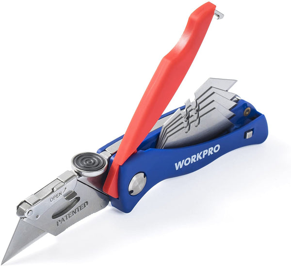 WorkPro Retractable Utility Knife and Self Retracting Safety Box Cutter 2 in 1 with 2 Extra Blades Included