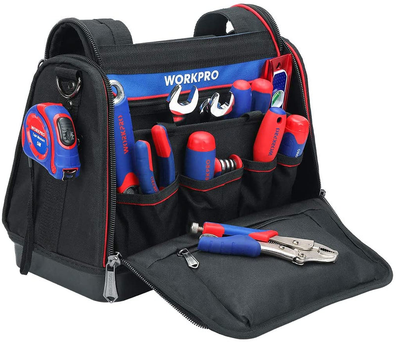 WORKPRO 15" Tool Tote, Open Top Tool Storage Bag, Multi-Pocket Tool Organizer with Adjustable Shoulder Strap