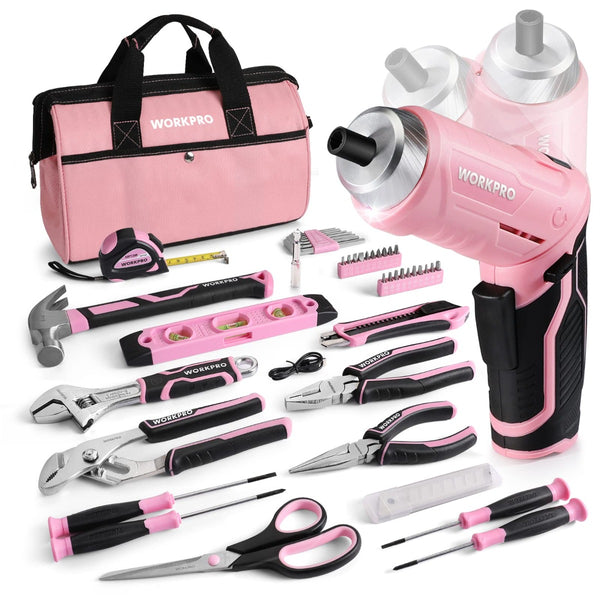 WorkPro Pink Real Tool Set for Kids with 12 inch Mini Steel Tool Box with Wheels, 10pcs Kids Real Tools with 2 Drawers Desk Metal Rolling Tool Chest