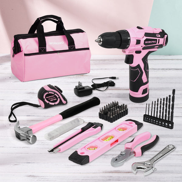 WORKPRO 75-Piece Pink Tools Set, 3.7V Rotatable Cordless Screwdriver