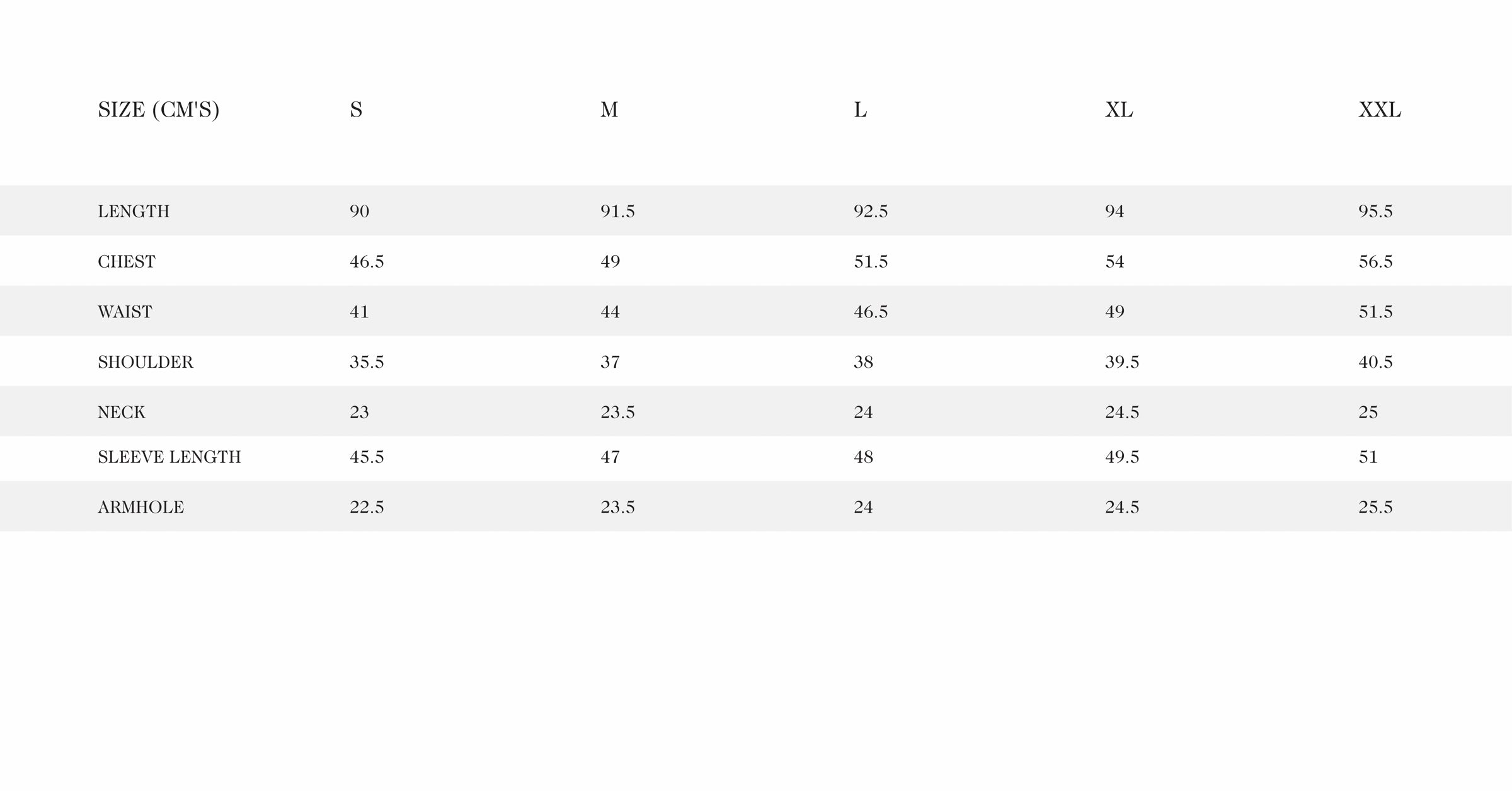 Isla Size Chart