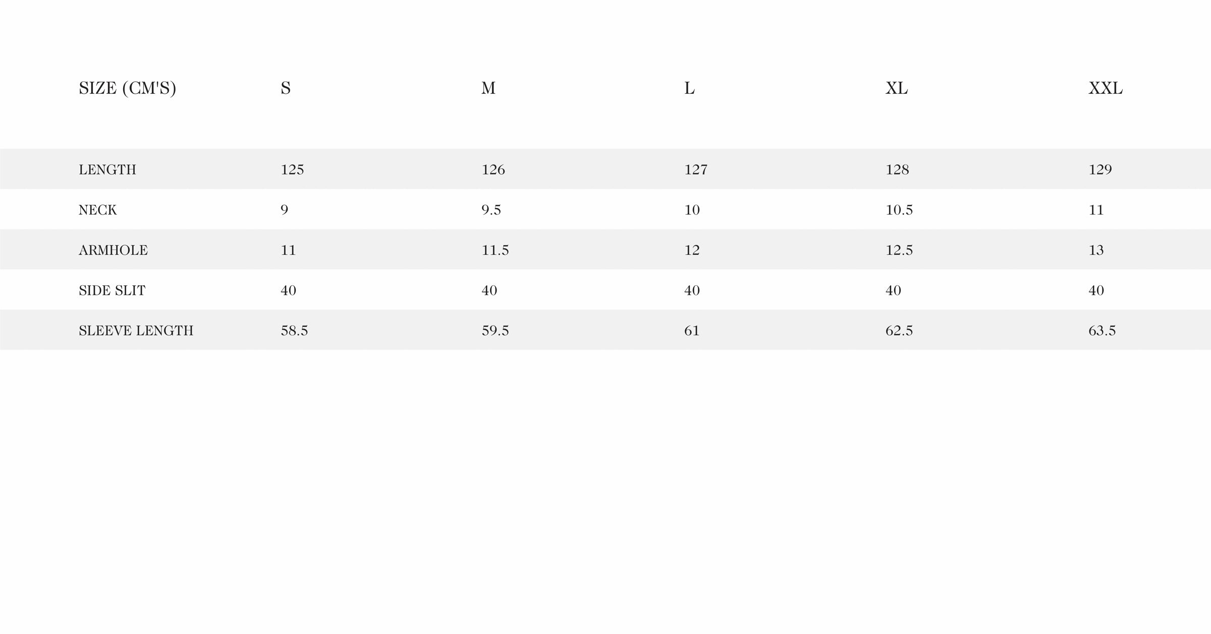 Ocean Breeze Size Chart