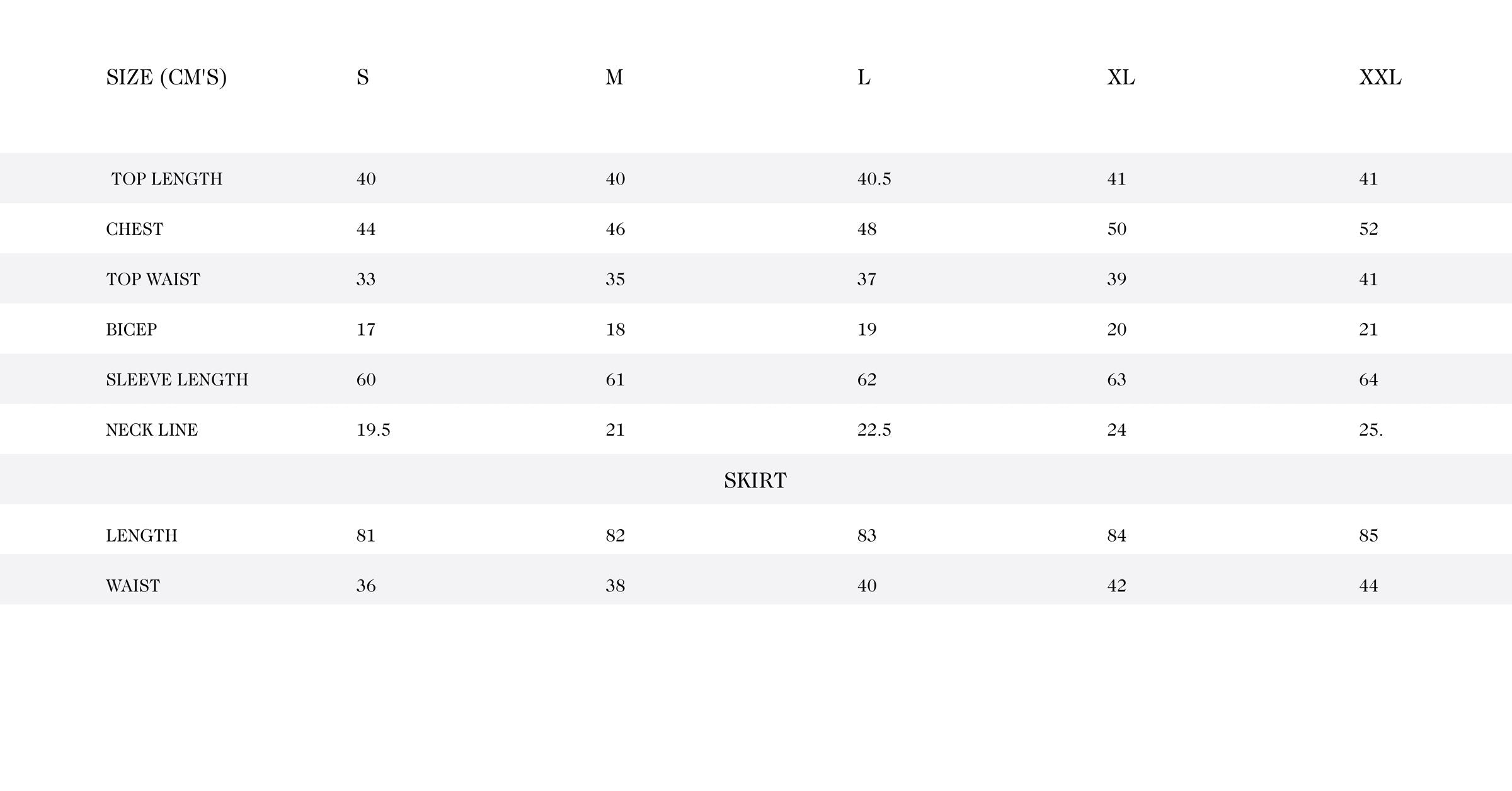 Summer Fling Size Chart