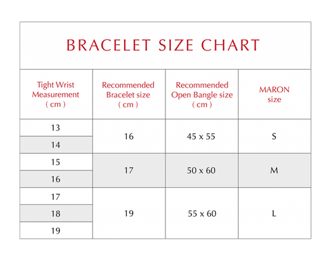 MARON bracelet size chart
