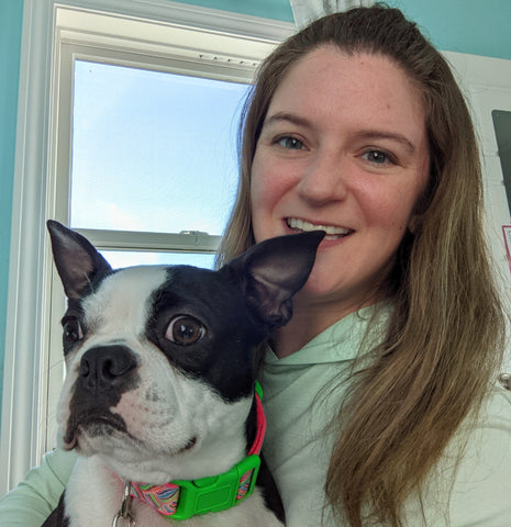 boston terrier dog with woman