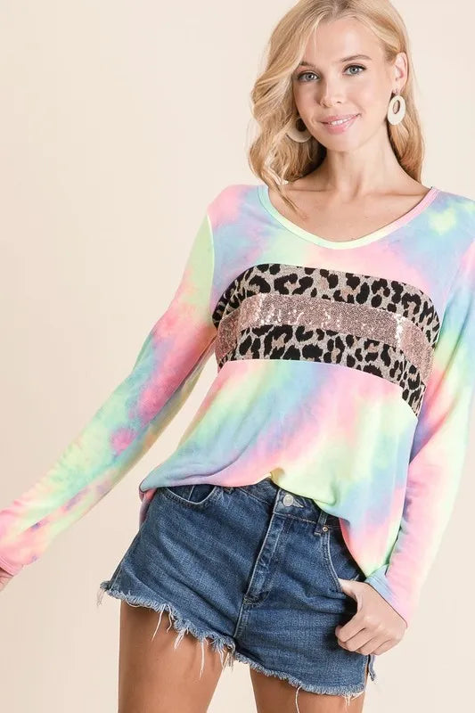 BiBi Tie Dye Deep U-neck Top with Leopard and Sequins