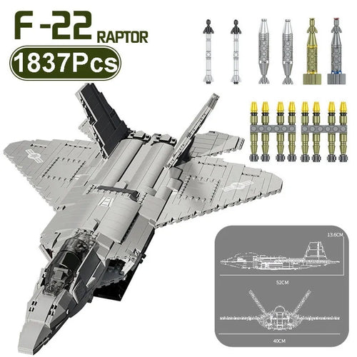 MOC Military F - 22 Raptor Stealth Aircraft Bricks Toy