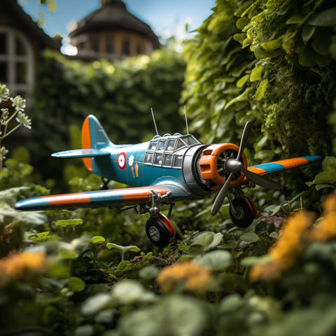 un avion télécommandé qui vol dans un jardin