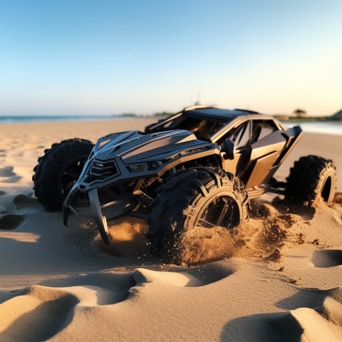 une voiture télécommandée conduite dans le désert et dans le sable