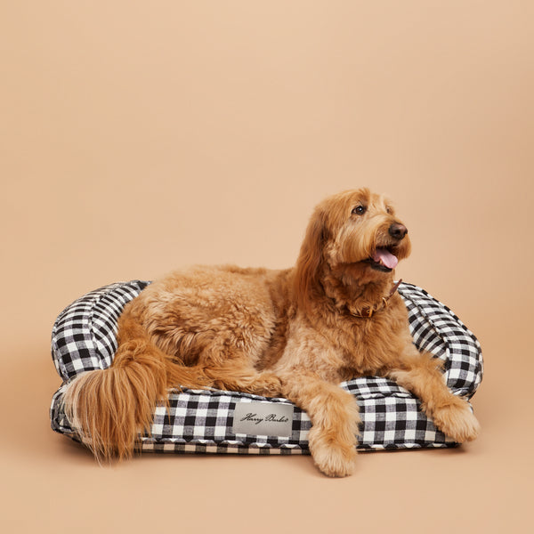 Shop Luxury Boutique Harry Barker Shop Luxury Pet Supplies red buffalo check ortho lounger at Colonial House of Flowers in Atlanta, Georgia