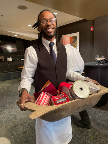 corporate wreath workshop atlanta at rays on the river black waiter with luxury ribbon in wood dough bowl