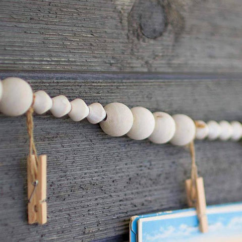 Kalalou Wood Bead Garland with Clothes Pin Photo/Card Holders, One Size, Off- Off-White