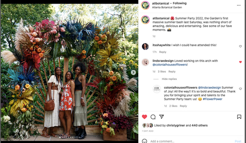 Atlanta Botanical Garden Instagram Post Featuring Summer Party and Colonial House of Flowers