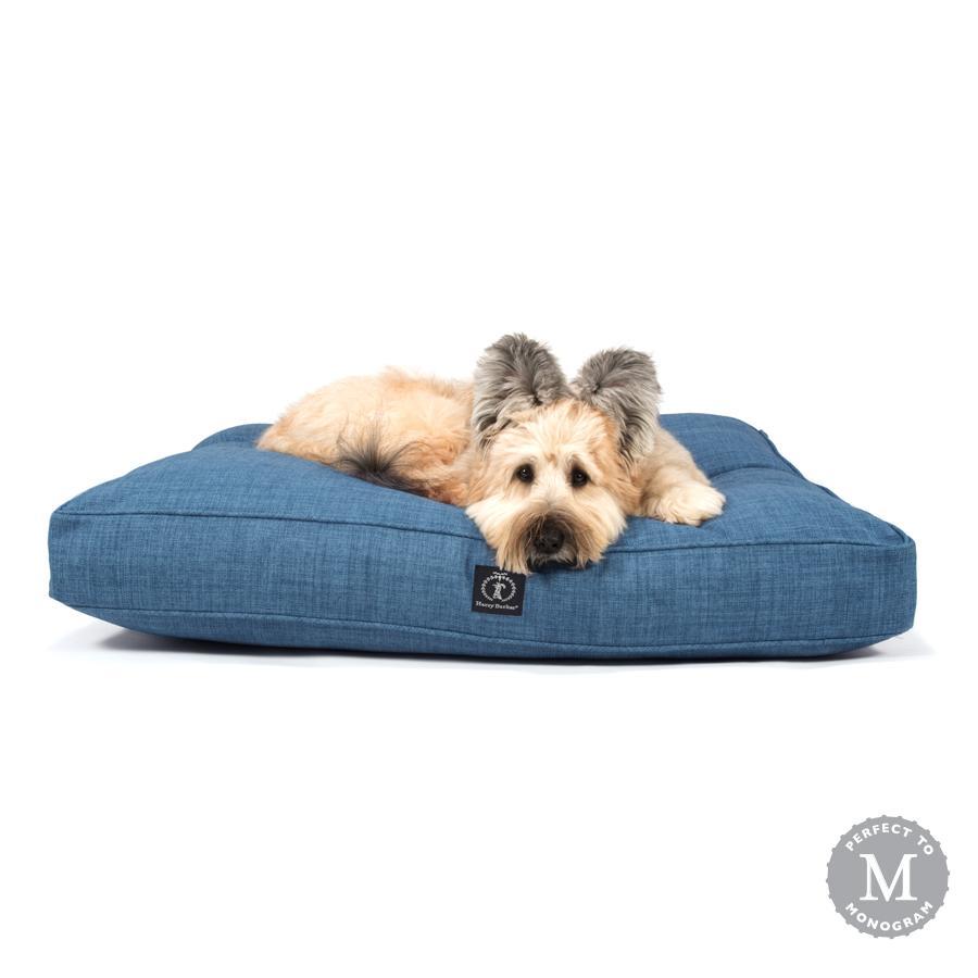 Harry Barker Heather Blue Bed with dog sleeping on it