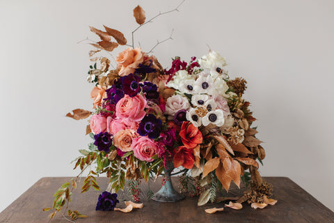 fall luxury flower arrangement pink purple and white and black