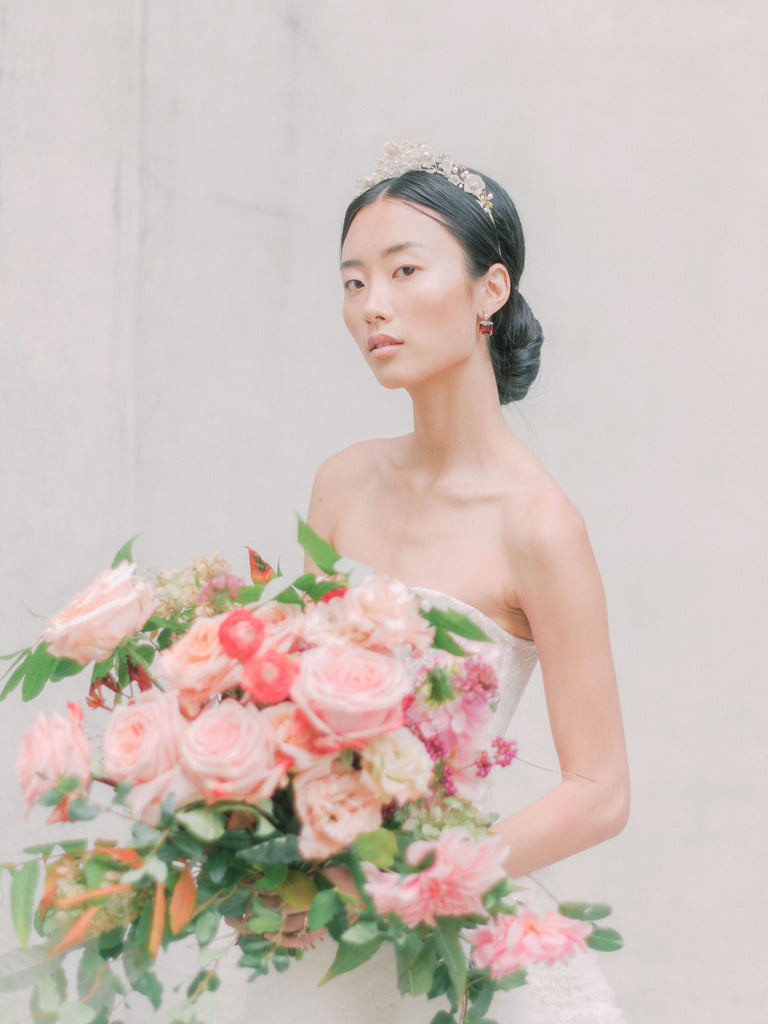 Pink Rose Bouquet Asian Bride at the Swan House in Atlanta, Georgia by Colonial House of Flowers