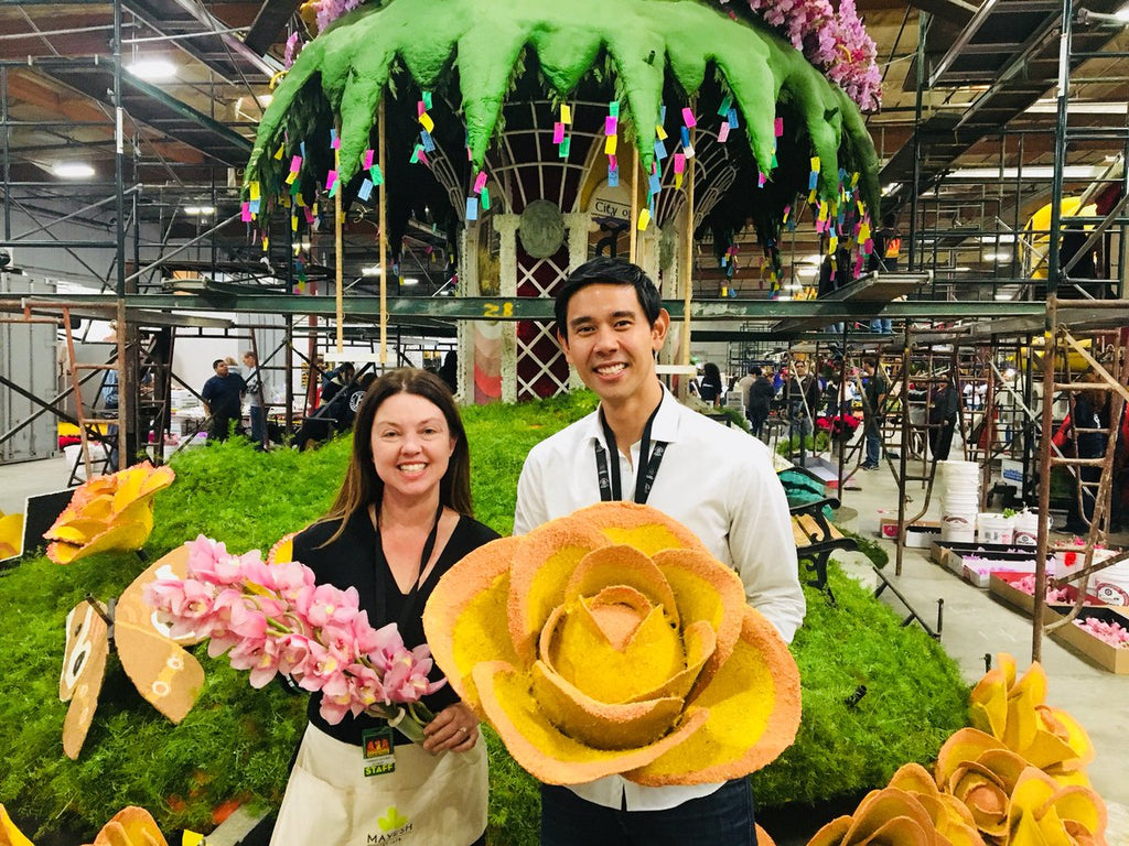 florist with tv announcer at rose bowl 