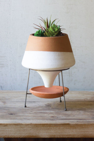 natural and white large terracotta funnel planter with wire base