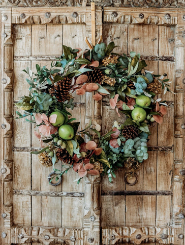 luxury wreath design featuring eucalyptus olive green apples golden raintree real artficial flowers