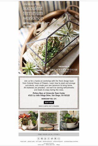 Collaboration with Pottery Barn & Colonial House of Flowers for Succulent Terrarium Workshop