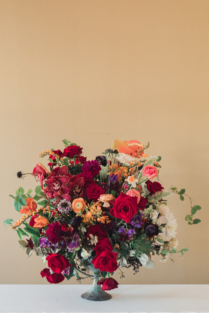  Global Floraculture News Publication Features Beautiful Red Orange Purple Rose Arrangement by Southeastern United States Florist, Christy Hulsey of Colonial House of Flowers Photo By Katrina Barrow 