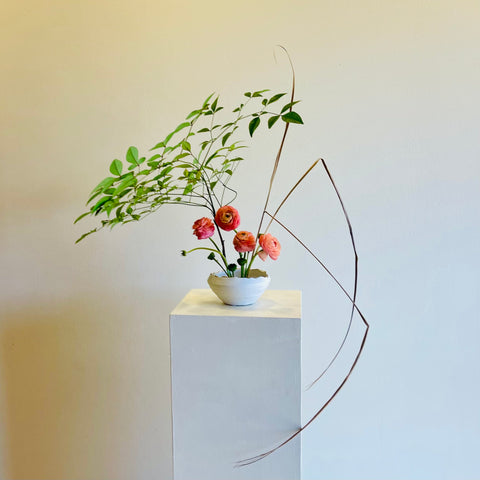 pink peach ranunculus nandina ikebana floral art workshop in dothan alabama