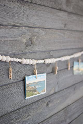 Kalalou Wood Bead Garland with Clothes Pin Photo/Card Holders, One Size, Off- Off-White