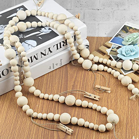 Kalalou Wood Bead Garland with Clothes Pin Photo/Card Holders, One Size, Off- Off-White