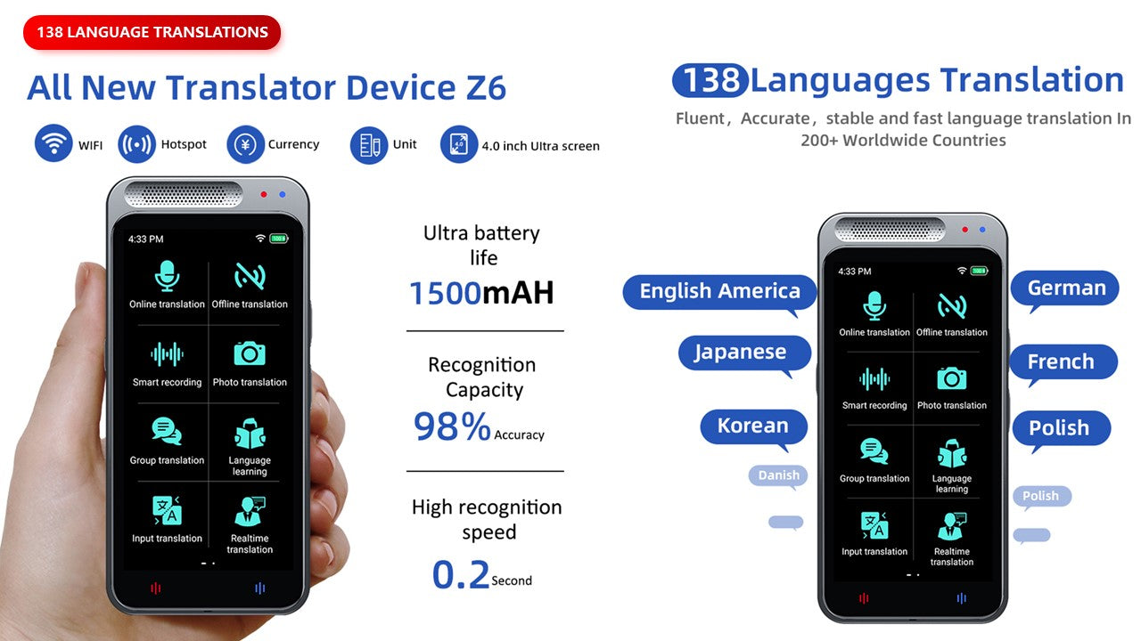 VORMOR Z6 新着言語翻訳デバイス、138 言語および 4.1 インチタッチ