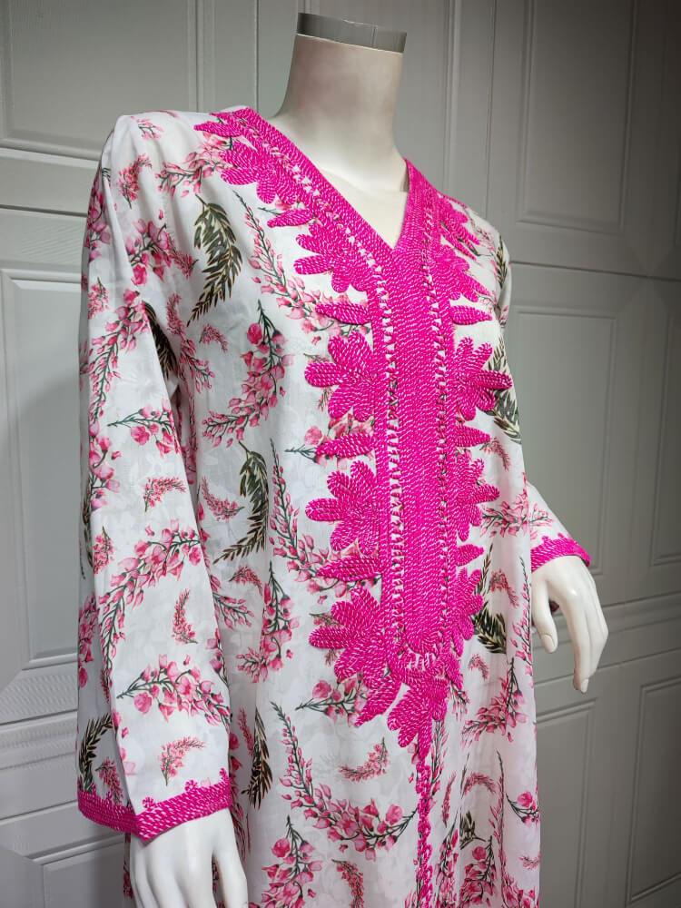Women's V-neck Cotton Print Jalabiya Dress