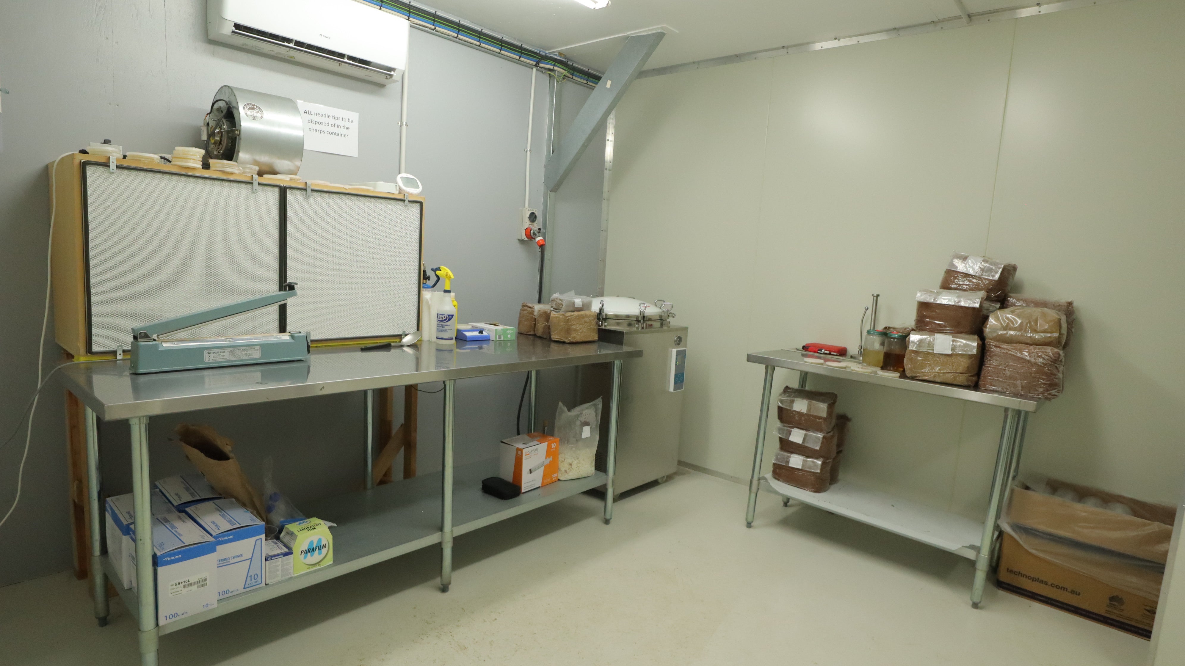 Inside the clean room or lab of a mushroom farm
