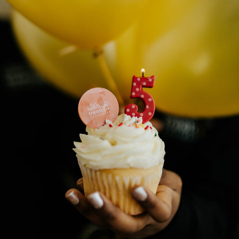 A cupcake with a red 5 candle in it and the Treetops logo with yellow balloons in the background