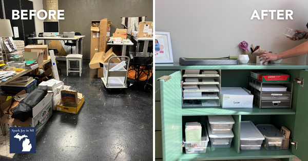 before and after image of a messy warehouse and clean organized shelves